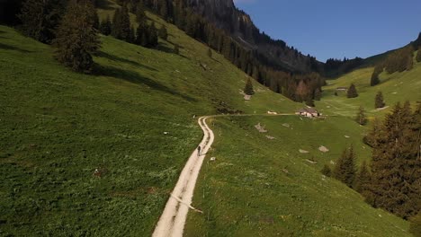 Luftaufnahme,-Drohnenaufnahme,-Trekking-Allein-Auf-Dem-Bergtalweg-Zu-Einem-Haus