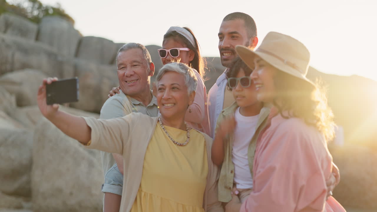 Selfie, smile and sunset with a family