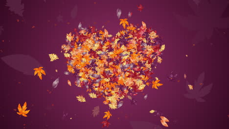 fallen yellow autumn leaves in the shape of a heart are a symbol of love. seasonal purple abstract looped background.