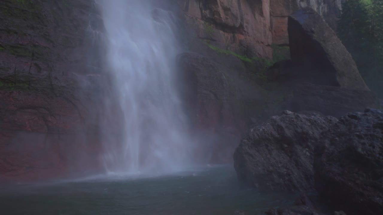 Telluride close up water Bridal Veil Falls Waterfall Box canyon view Colorado landscape static shot slowly mist spray Box Canyon cliffside 4wd hiking Black Bear Pass Board sunny blue sky shaded