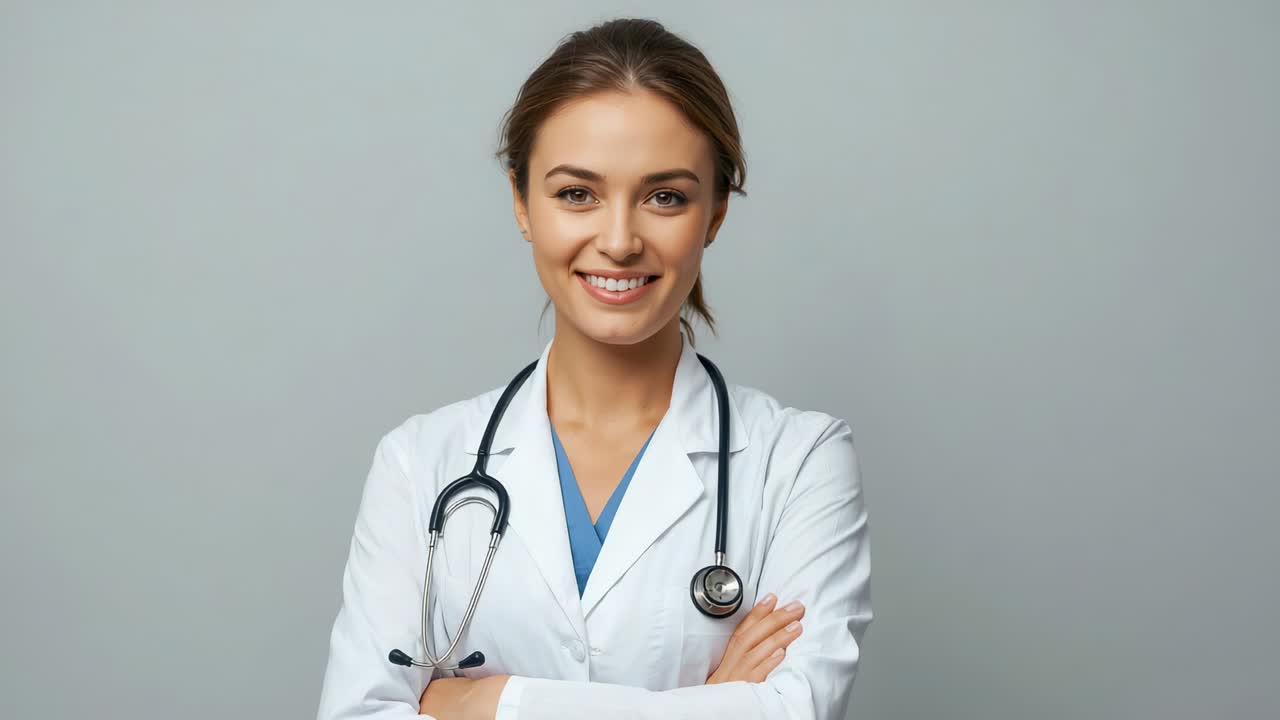 Comienza con una doctora con bata de laboratorio y pijama de quirófano en un estudio, sonriendo, asintiendo con un estetoscopio