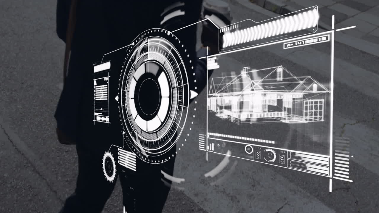 Displaying architectural blueprint and data, futuristic digital interface over urban background