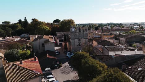 aerial rotating view above the french village of mudaison in southern france