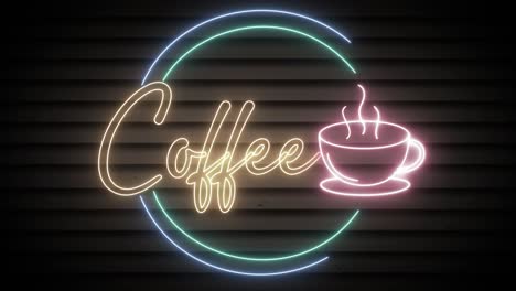 neon sign flickers to life, displaying coffee cup.