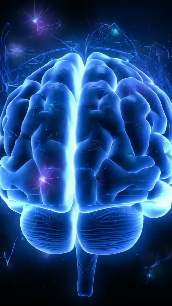 Video verticale: rendering in 3D di un cervello blu traslucido rotante che mostra gli impulsi neurali nel vuoto, con bagliore