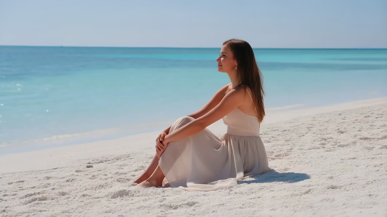 열 대 해변에 앉아 여자