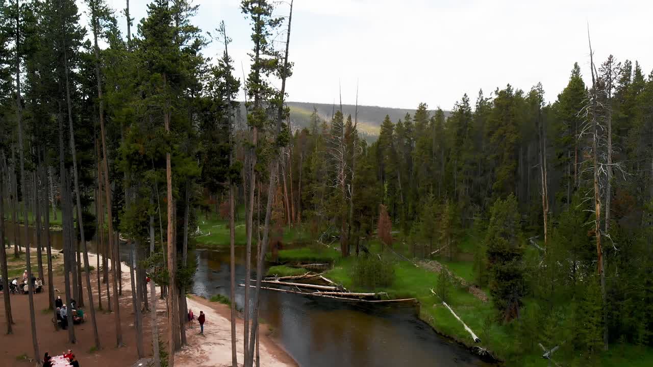 inclinación aérea lenta hacia abajo sobre un gran río y área de picnic entre los árboles cerca de yellowstone en wyoming