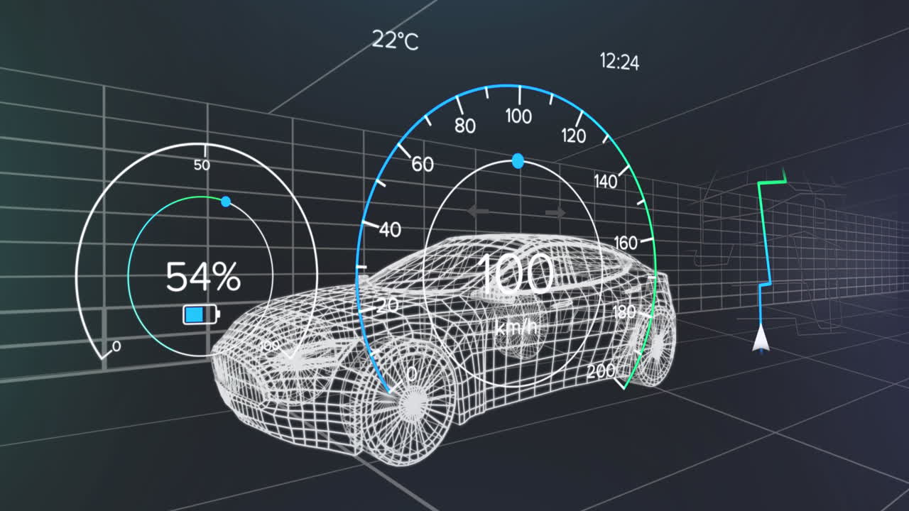 차량 인터페이스에서 스피도미터, gps 및 충전 상태 데이터의 애니메이션, 3d 자동차 모델