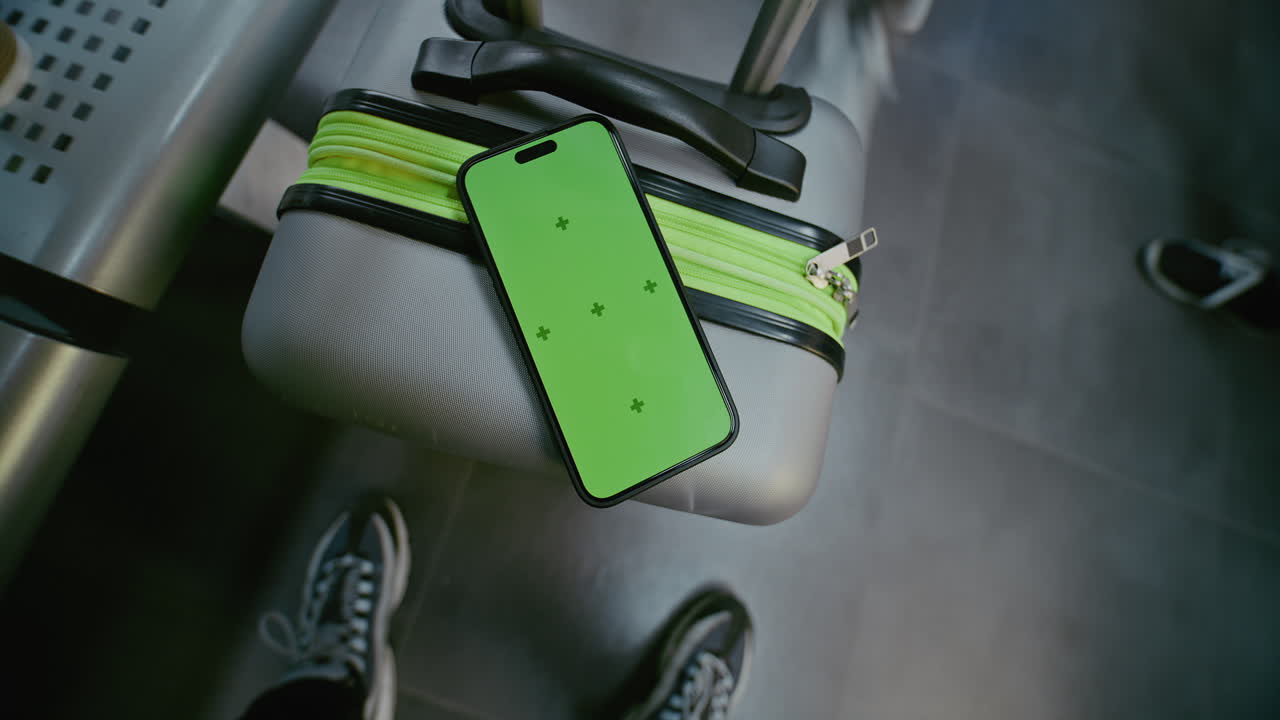 Green Screen Phone on Suitcase in Airport