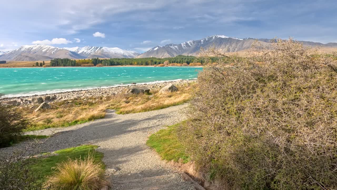 Camera moves down a gravel path lined with thorny bushes toward turquoise lake, with snow-capped mountains under bright daylight and partly cloudy sky