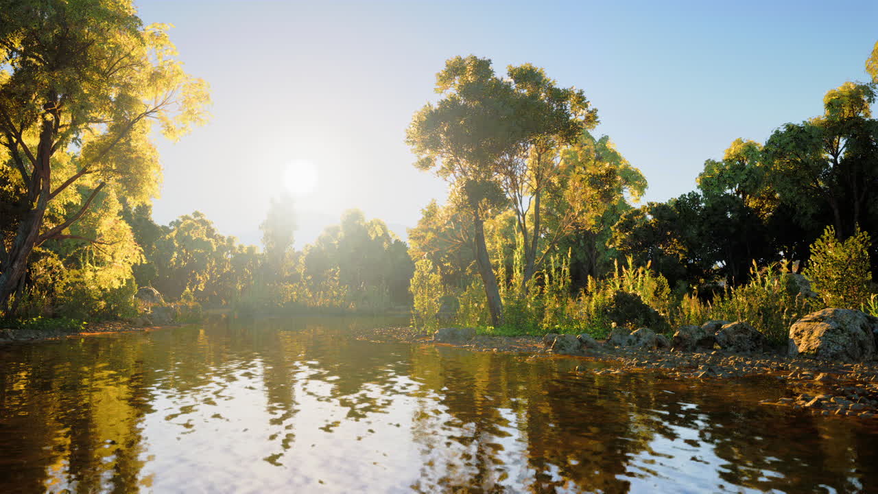 спокойная река на закате, окруженная пышными деревьями и растительностью.