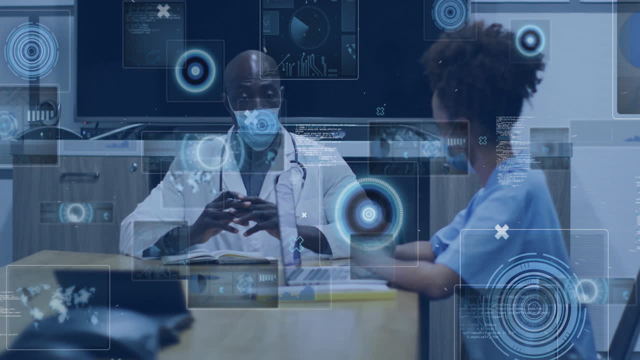 Male doctor and female nurse discussing medical data at conference table, with holographic charts