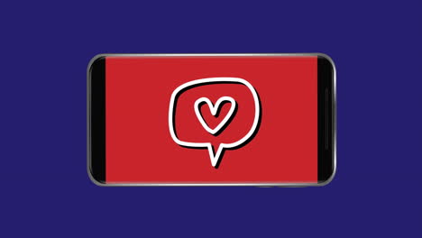 el icono animado de la burbuja de habla del corazón parpadea en el teléfono inteligente, simbolizando la comunicación digital.