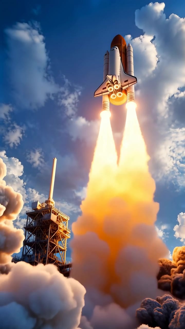 Low-angle view of shuttle stack launching from pad, with white orbiter, twin boosters, orange external tank, blazing exhaust, rising smoke, strong thrust, dramatic clouds, bright sunlight, and