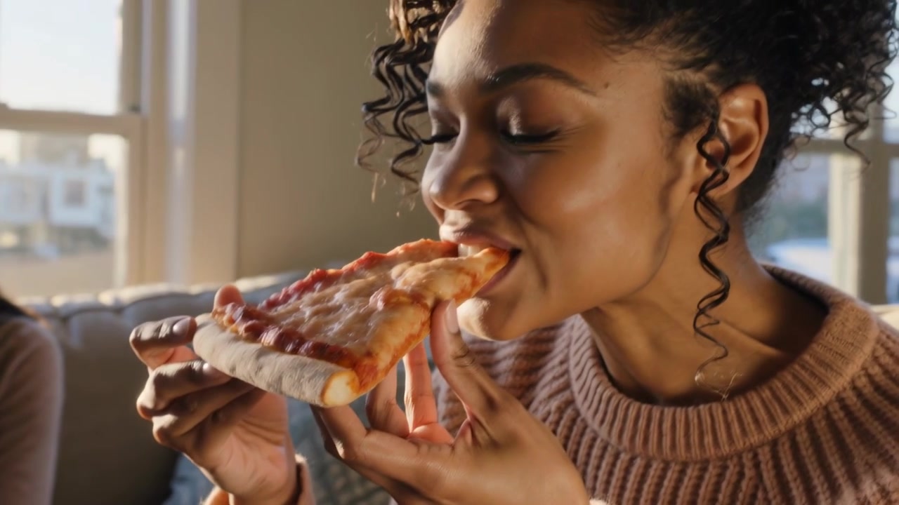 Una donna sulla destra, con un maglione a coste, allunga la mano e addenta una fetta di pizza da una scatola in primo piano, mangiando sul divano.