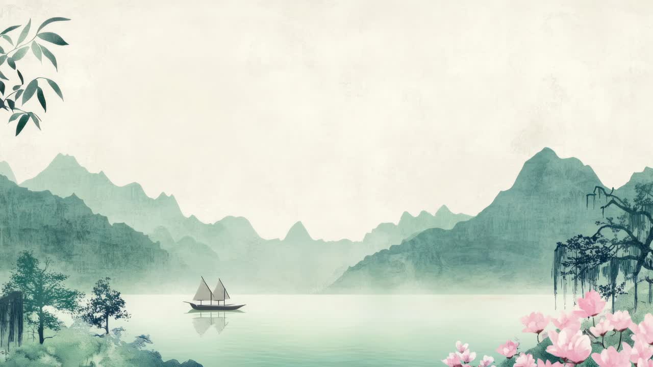 A serene landscape video with a wide-angle view of misty mountains and a tranquil lake