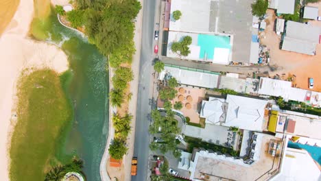aerial view of a tropical beachfront resort cityscape