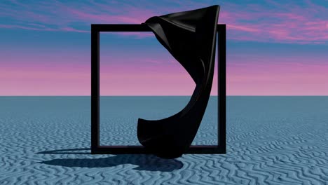 black fabric drape in square frame, desert landscape background