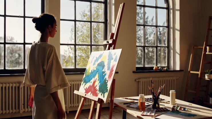 Une femme peint dans un atelier ensoleillé
