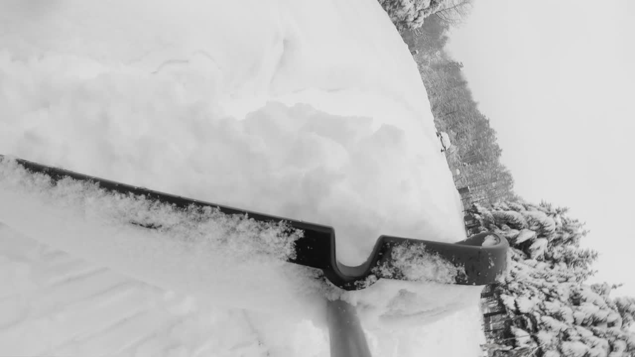 강설 후 뒷마당 경로에서 큰 삽으로 눈 제거