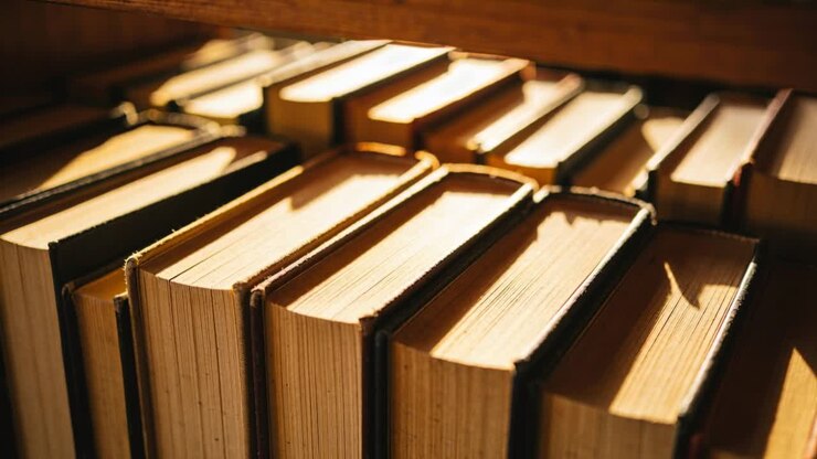 Luce solare e telecamera che si muovono lungo una fila di libri, creando riflessi in movimento e rivelando la texture delle pagine