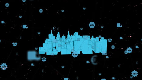animation of multiple icons and lines over 3d model of cityscape against black background
