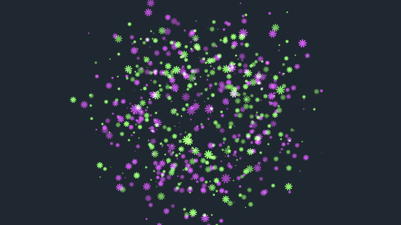 A mesmerizing and dynamic visualization of purple and green dots swirling in a circular pattern on a stark black background, creating a visually captivating and lively image