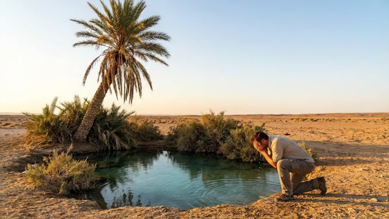 Homem se refrescando em um oásis no deserto