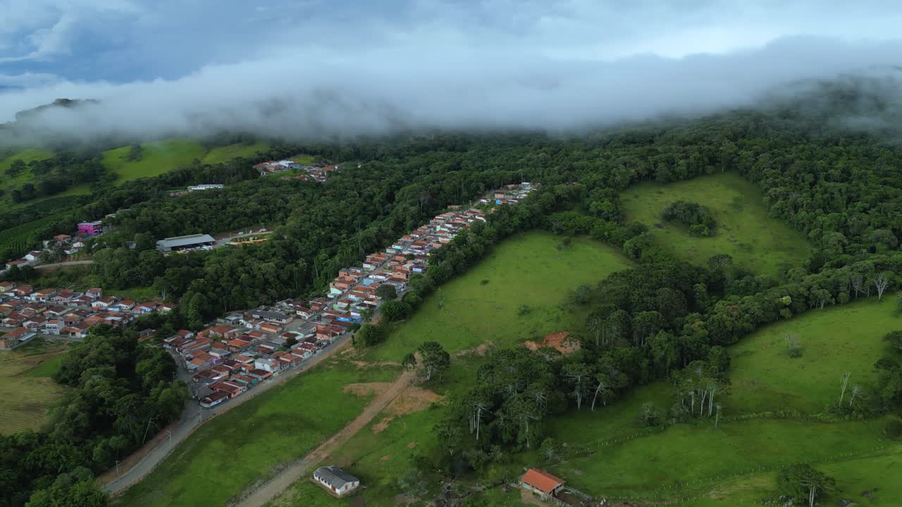 aerial view of Bueno Brandao during a cold and foggy day - a city in Serra da Mantiqueira, Minas Gerais, Brazil