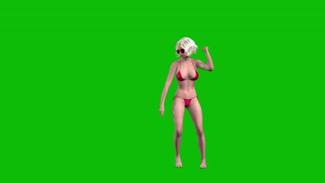 3d female character, woman with blond hair and wet skin, wearing red bikini swimming wear and sunglasses, dancing doogie style on green screen, 3d animation, front view