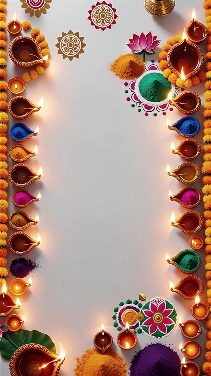 Sfondo Diwali con Diyas luminosi, Rangoli e fiori di loto