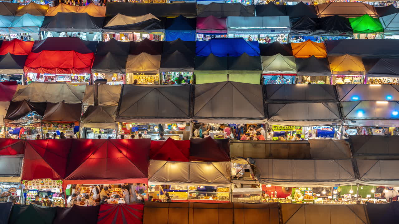 Ratchada Train Night Market Timelapse. Traditional Marketplace in Bangkok Thailand