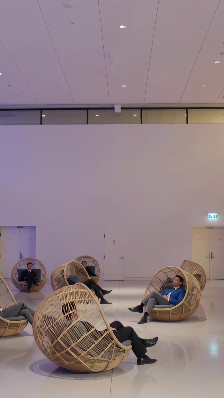 Vertical video: Moving camera resting guests shifting in woven wicker pods at white hall blue coat