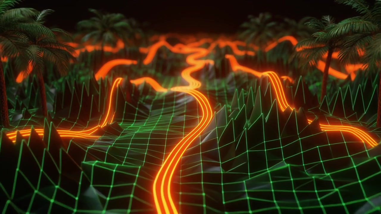 Retro Synthwave Landscape with Glowing Neon Paths and Palm Trees