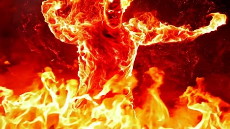 a man in a red suit is surrounded by flames