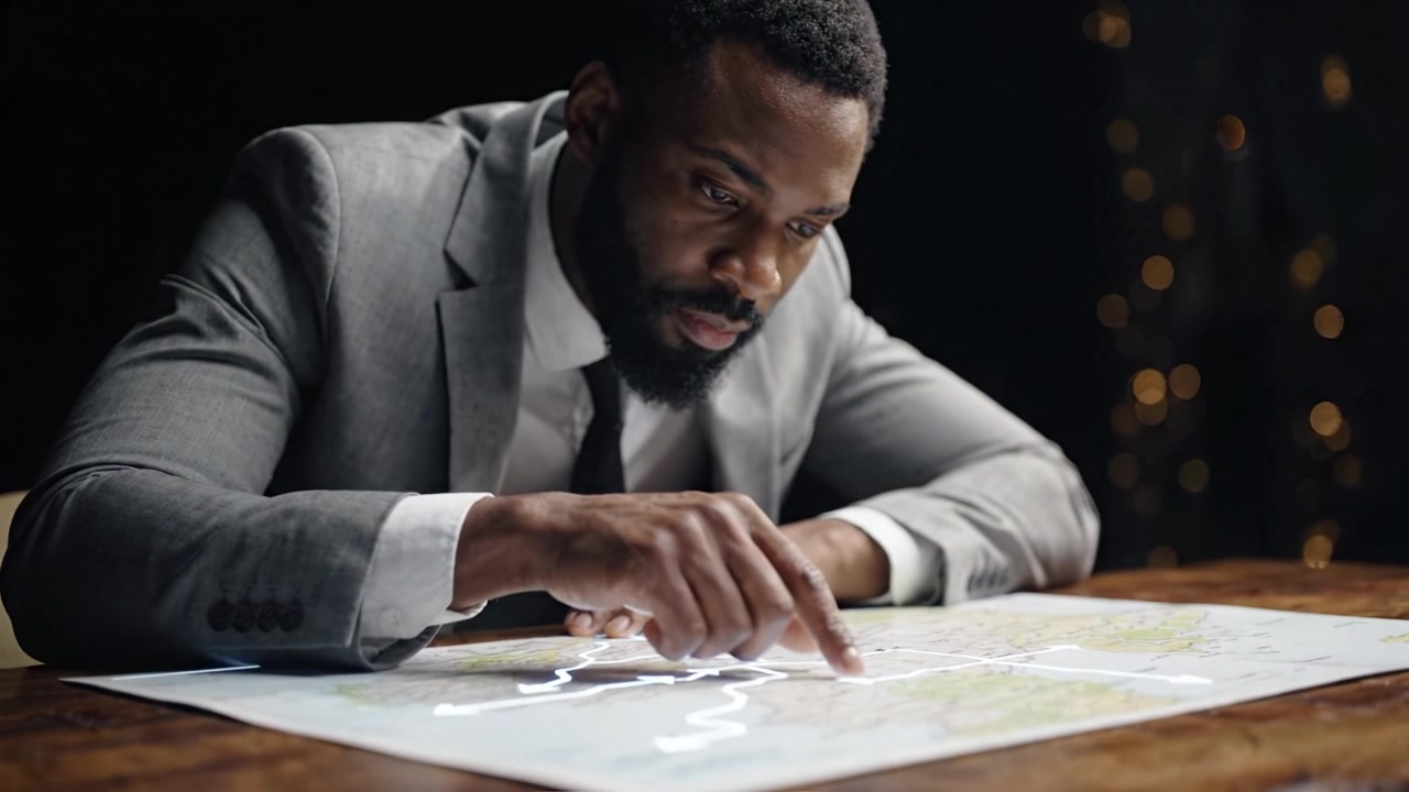 Un individu concentré analysant une carte sur une table avec une intense concentration, mettant en évidence des itinéraires ou des plans stratégiques dans un environnement faiblement éclairé.