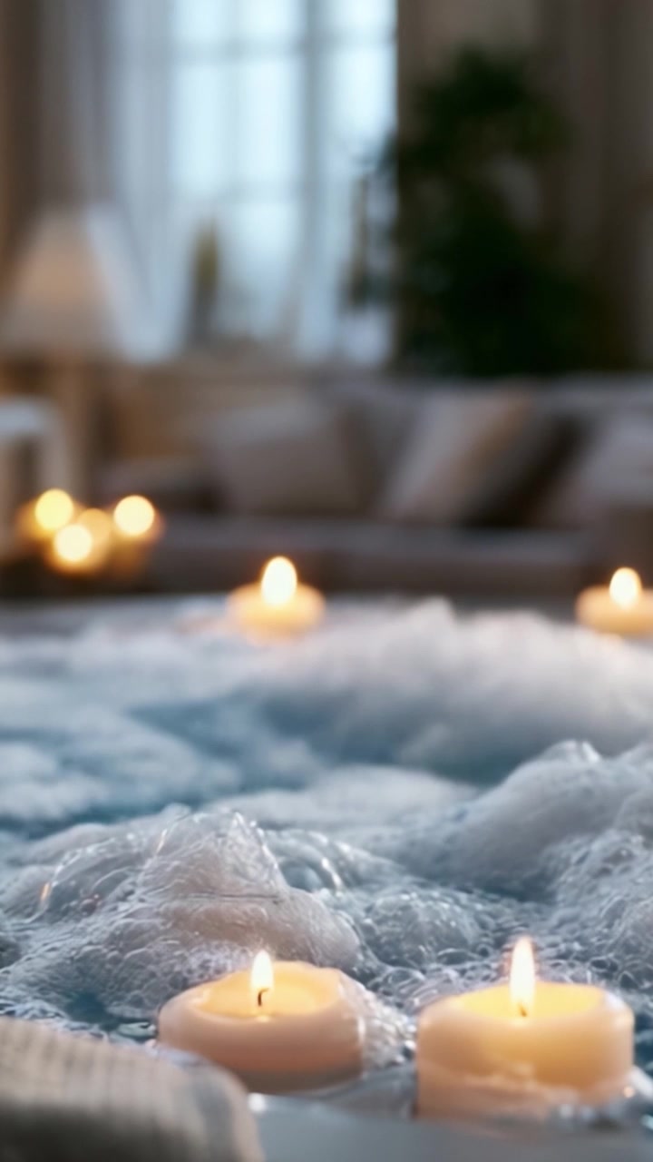 Un sereno rifugio spa: relax e calma in una vasca idromassaggio gorgogliante circondata da una soffusa luce di candele e un'atmosfera accogliente per il massimo comfort.
