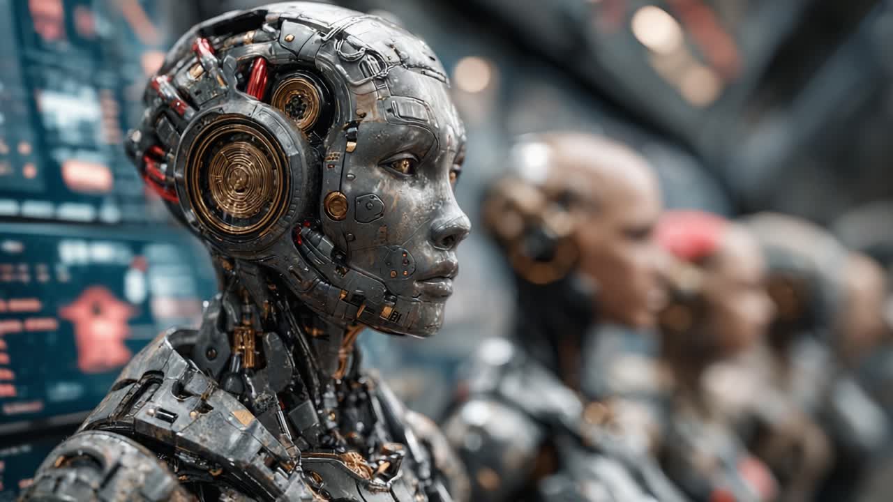 Intricate Robot Design: A Close-Up Exploration of Advanced Cybernetic Heads Featuring Metallic Textures, Elaborate Wiring, and Futuristic Aesthetics in a High-Tech Environment