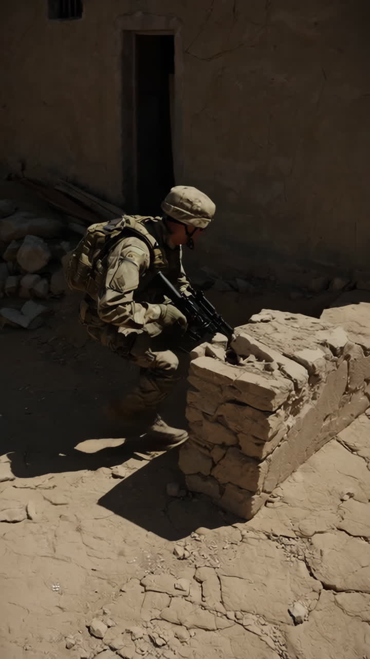 Military Personnel on Patrol in a Desert Town