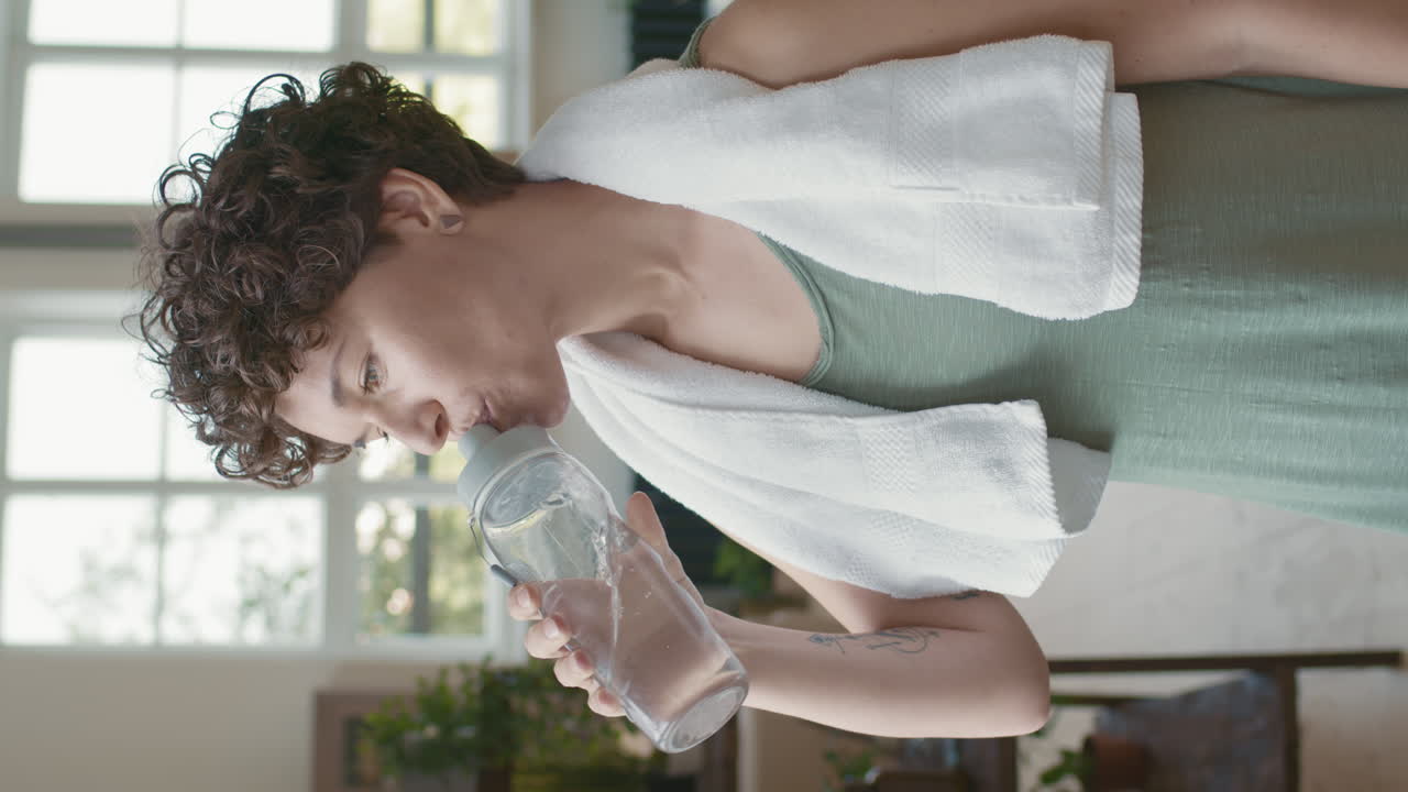 운동 후 물을 마시는 여자