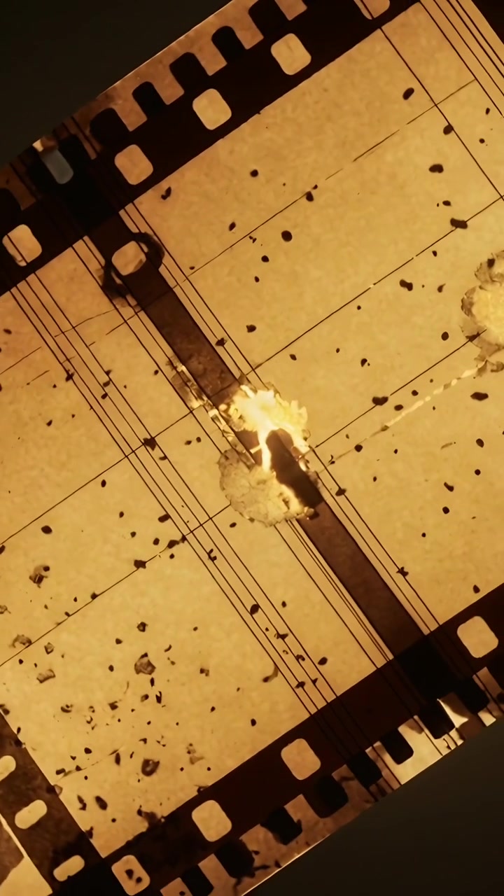 Video verticale: Brace scintillante che accende una striscia da 35mm, bruciando attraverso una luce ambrata e mostrando le linee del pentagramma.