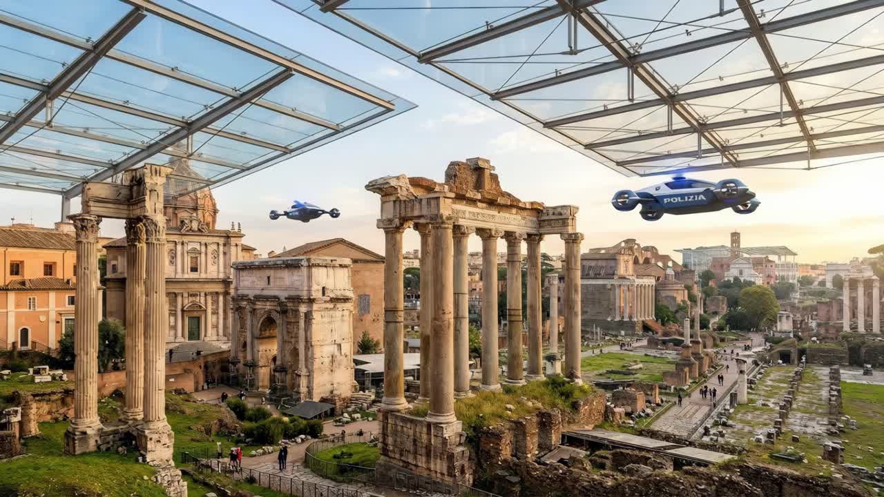 Futuristic Police Drones Patrolling Ancient Roman Ruins