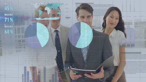 business data visualization animation over diverse business team in office