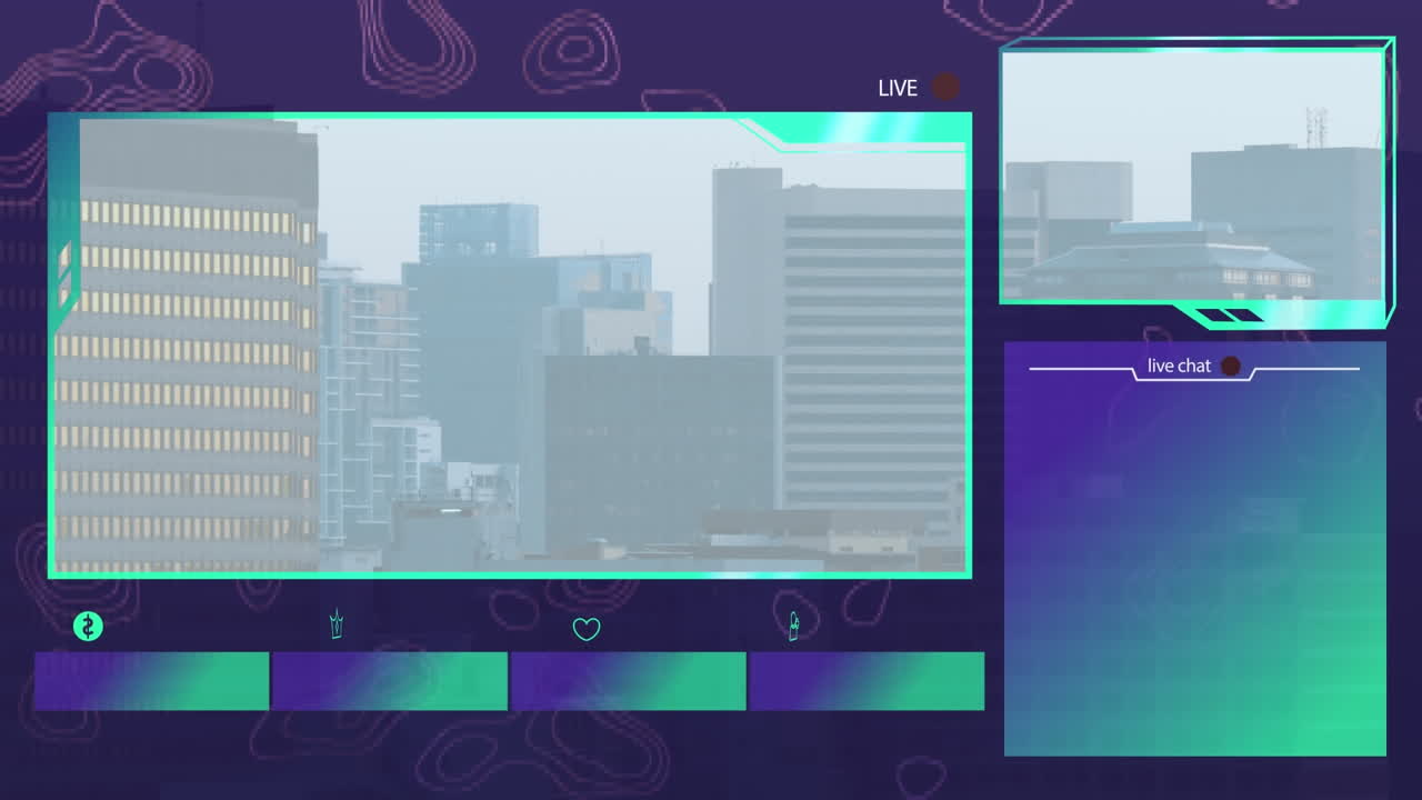 Animation of aerial view of buildings with icons over bars in television video recorder interface