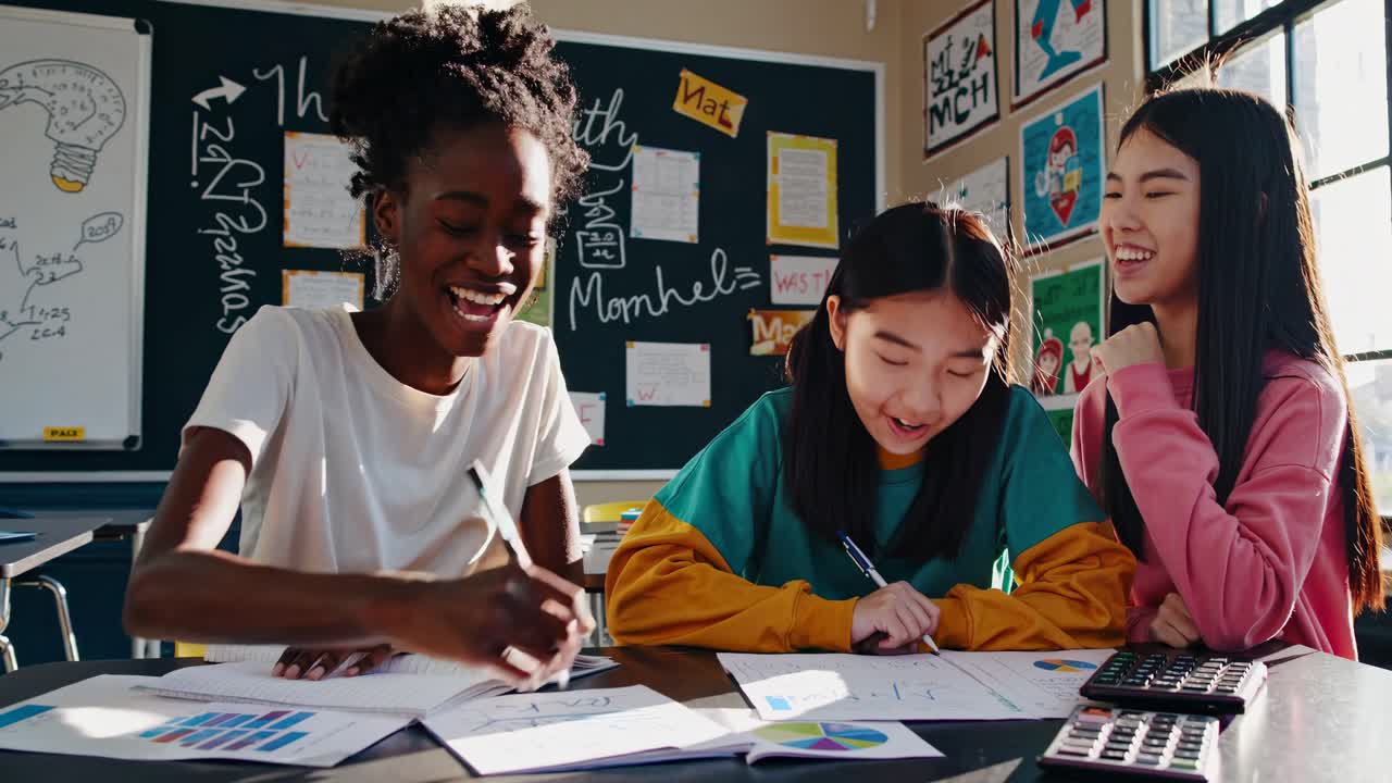 A video captures three students collaborating at a table in a classroom, shot from a side angle
