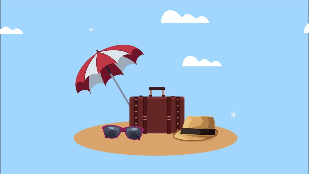해변에서 우산과 세계 관광 아이콘