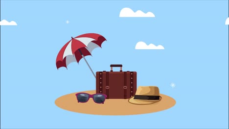 paraguas e iconos del turismo mundial en la playa