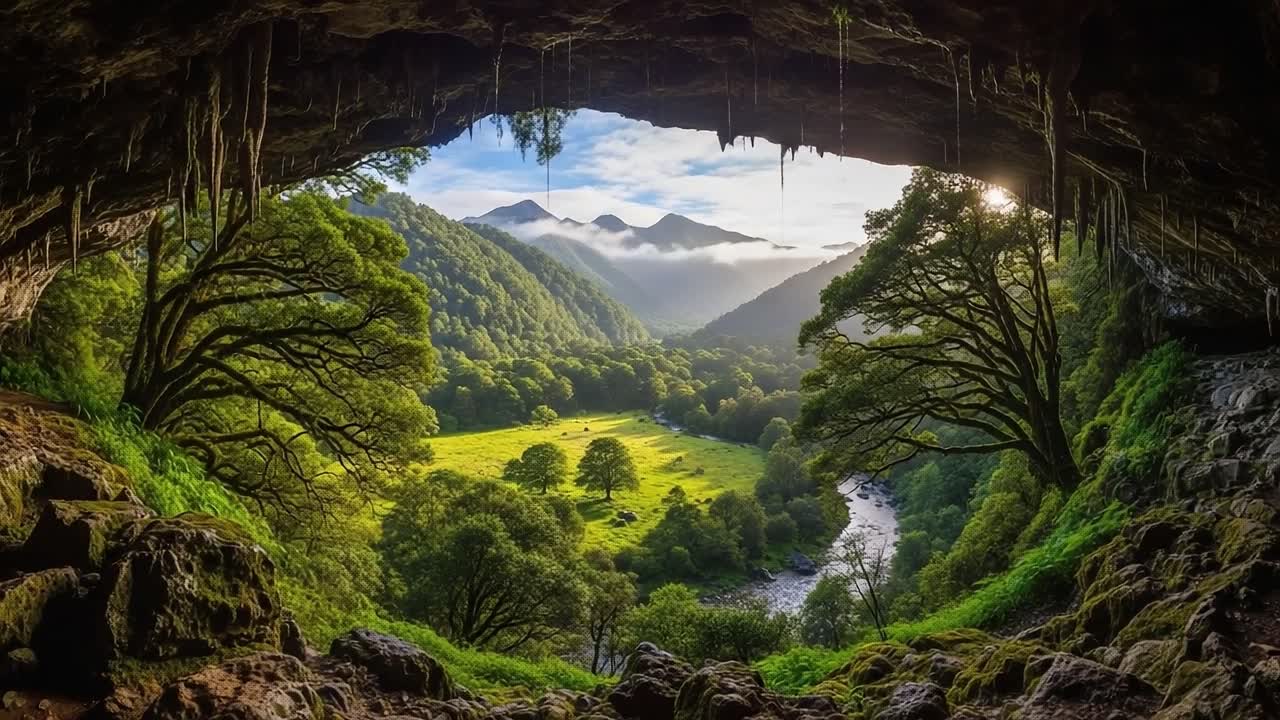Breathtaking View from a Cave Entrance Revealing a Lush Green Valley, Flowing River, and Majestic Mountains Under a Clear Sky at Dawn