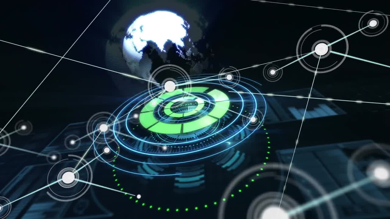 сеть соединений против вращающегося глобуса над круглым сканером на черном фоне