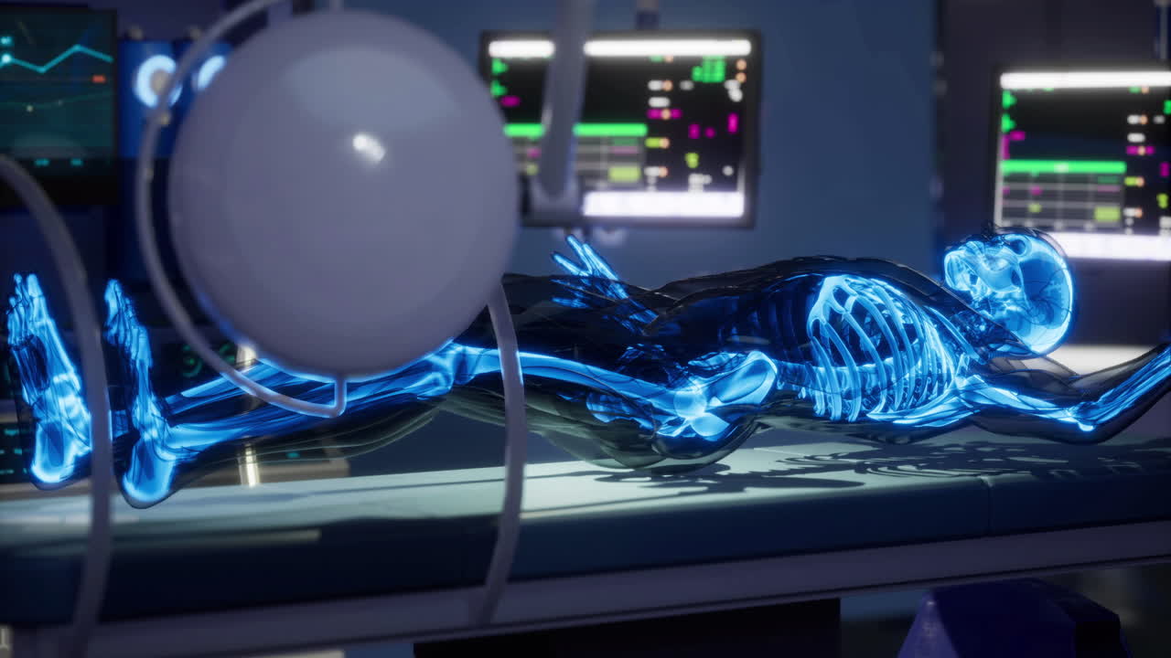 Bones depicted in a digital x ray showing a human body in a medical setting